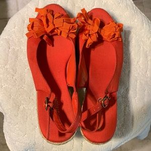 Sassy orange sling back peep toe espadrilles Grograin ribbon accent Like 7-1/2 M